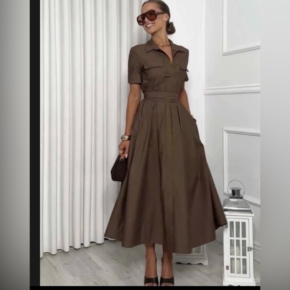 Zara Dresses & Skirts - ZARA NEW WOMAN FW25 BELTED ZW COLLECTION POPLIN DRESS BROWN size L